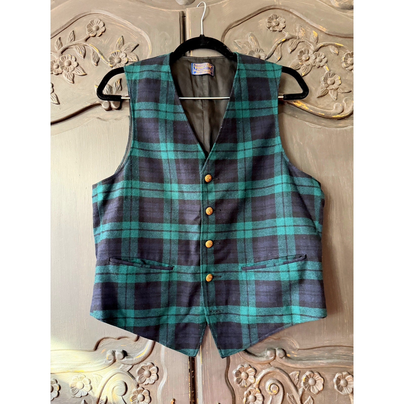 1960s Pendleton 100% Wool Tartan Waistcoat Vest | Medium