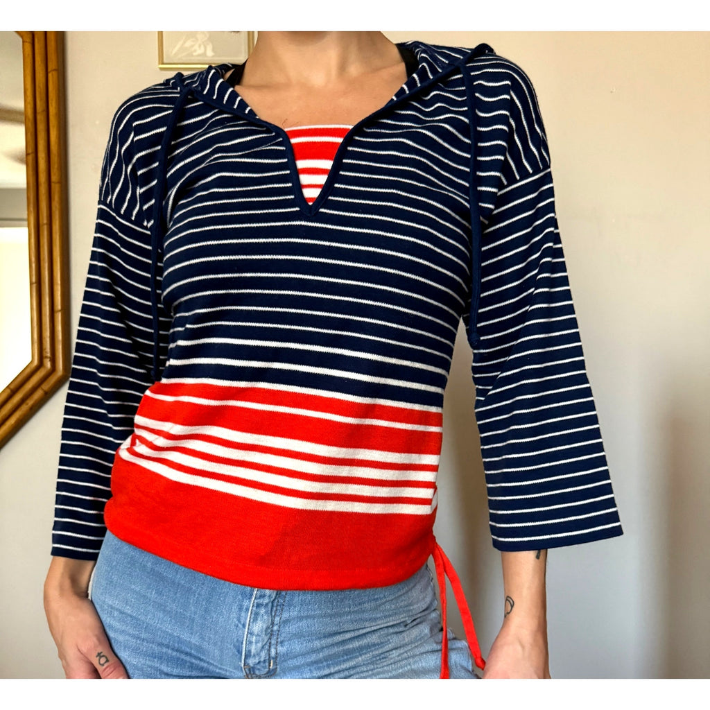 1970s The Red Eye Hooded Sailor Shirt | Quarter Sleeve | Striped