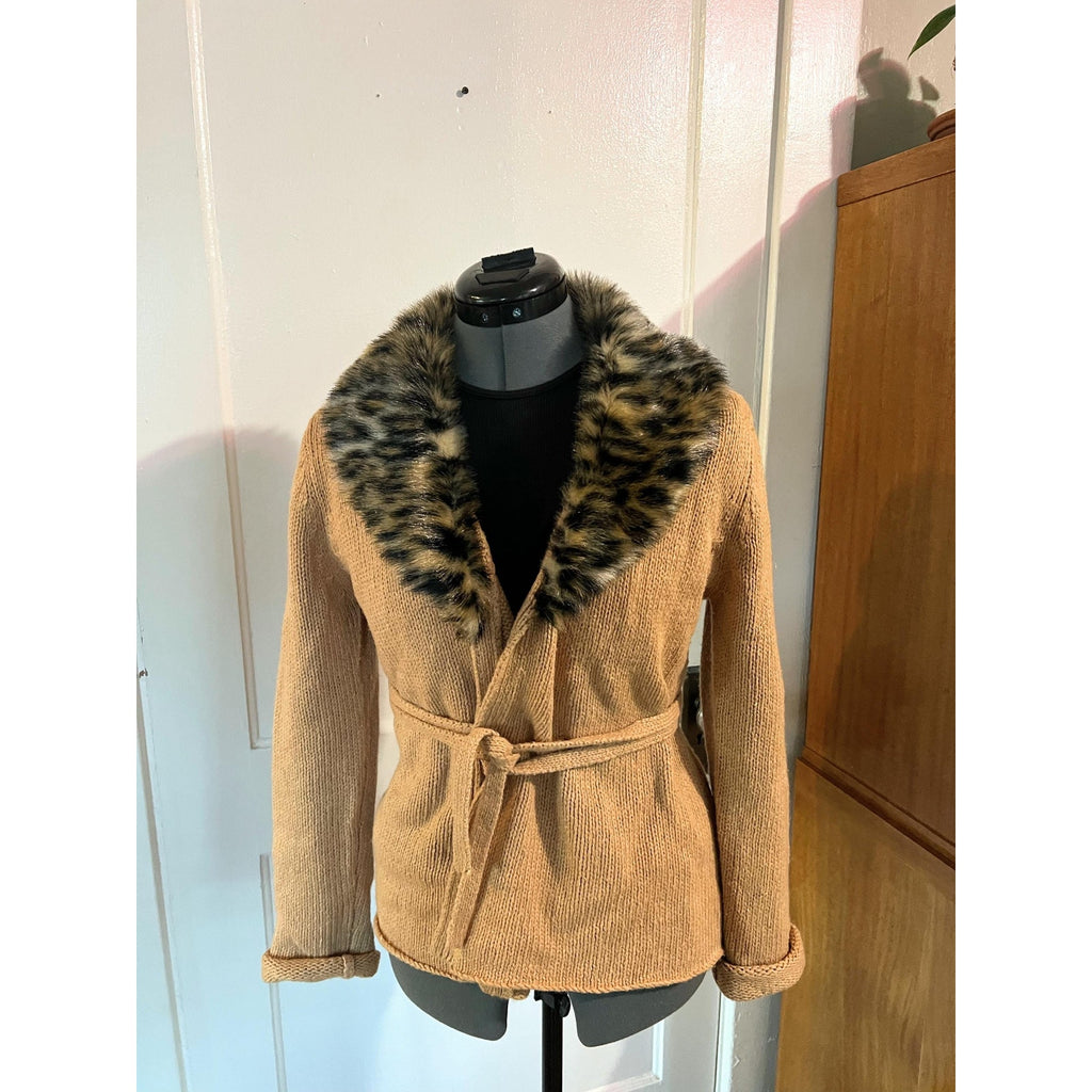 90s Vintage Leopard Print Faux Fur Collar Wrap Cardigan