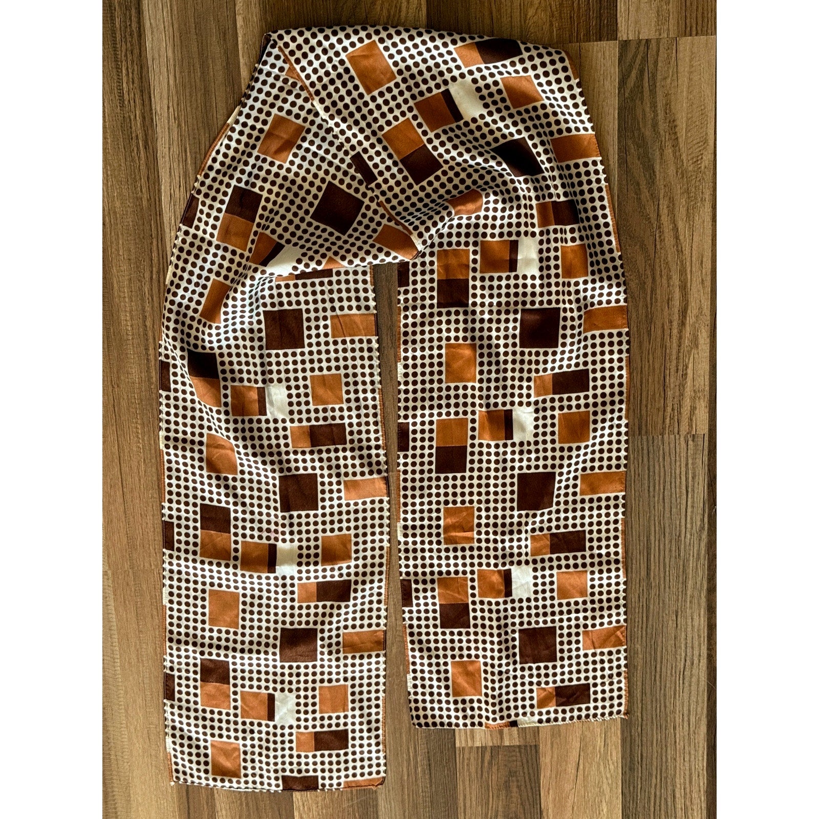 1970s Long Satin Scarf | Geometric Mod Pattern | White Brown Orange