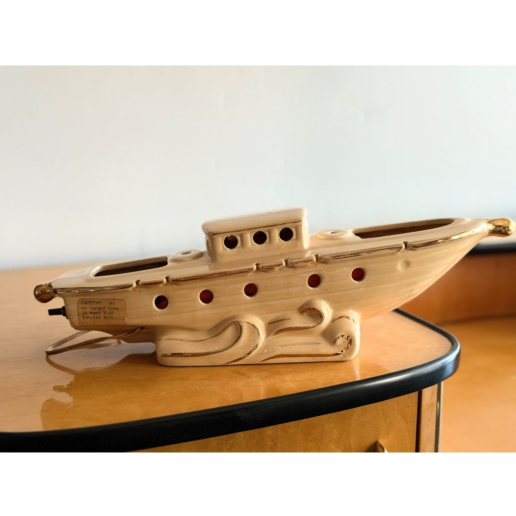 MCM 1950s Ceramic Sailboat TV Lamp | Beige & Gold