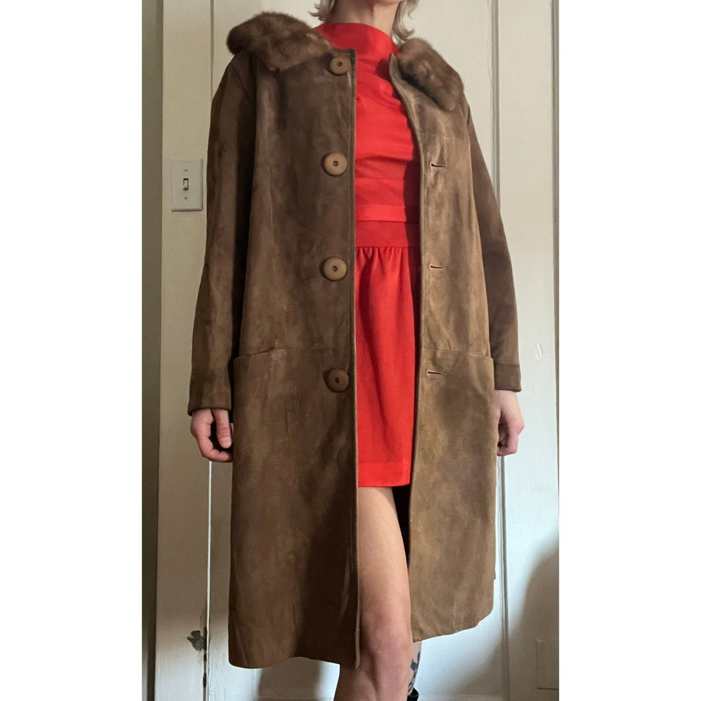 60s Long Suede Buttoned Coat with Mink Fur Collar