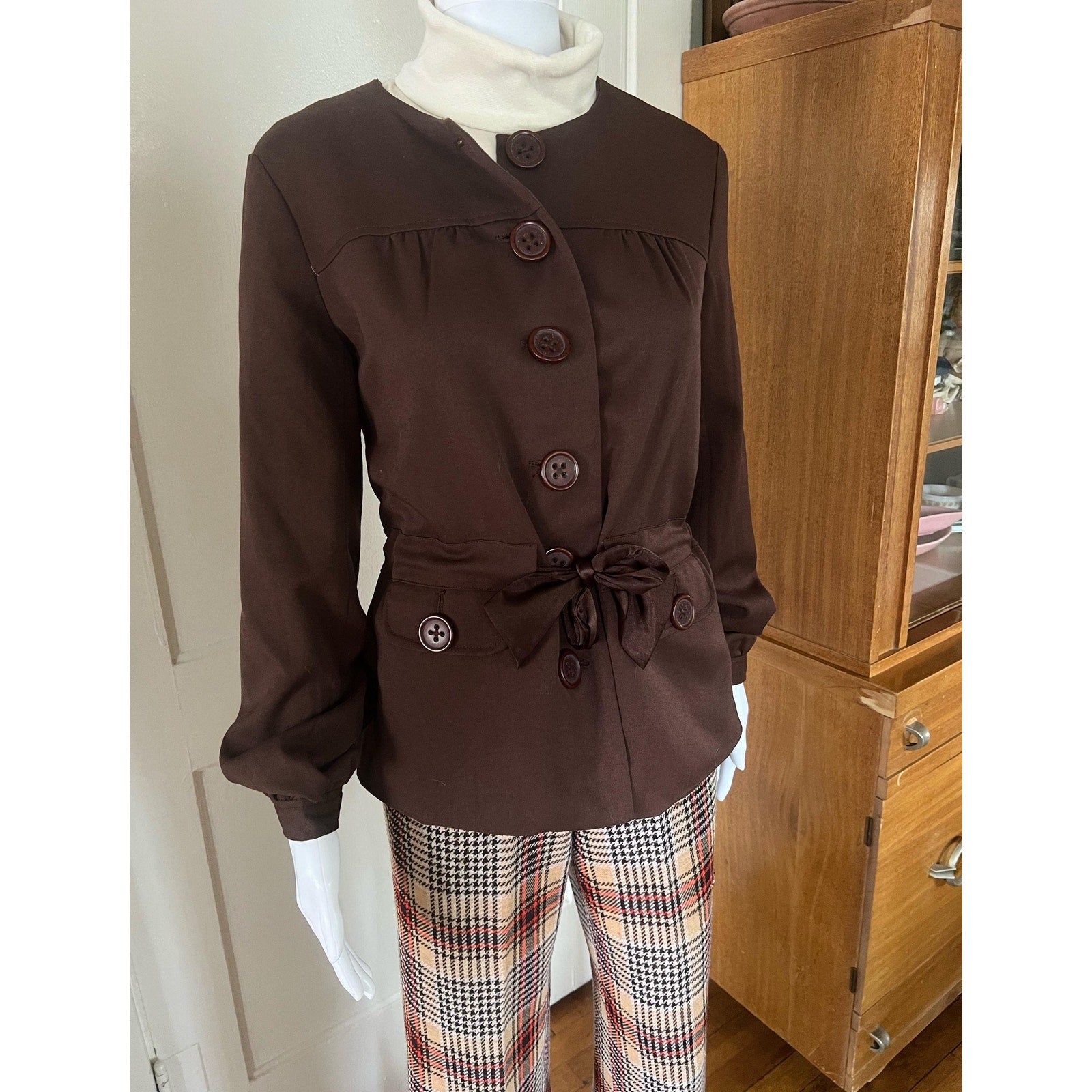 60s/70s JG Hook Brown Tie-Waist Collarless Blazer | Size 8