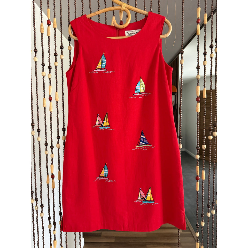 1990s/Y2k Victoria Holley Sailboat Linen Shift Dress | Size 8P - Medium