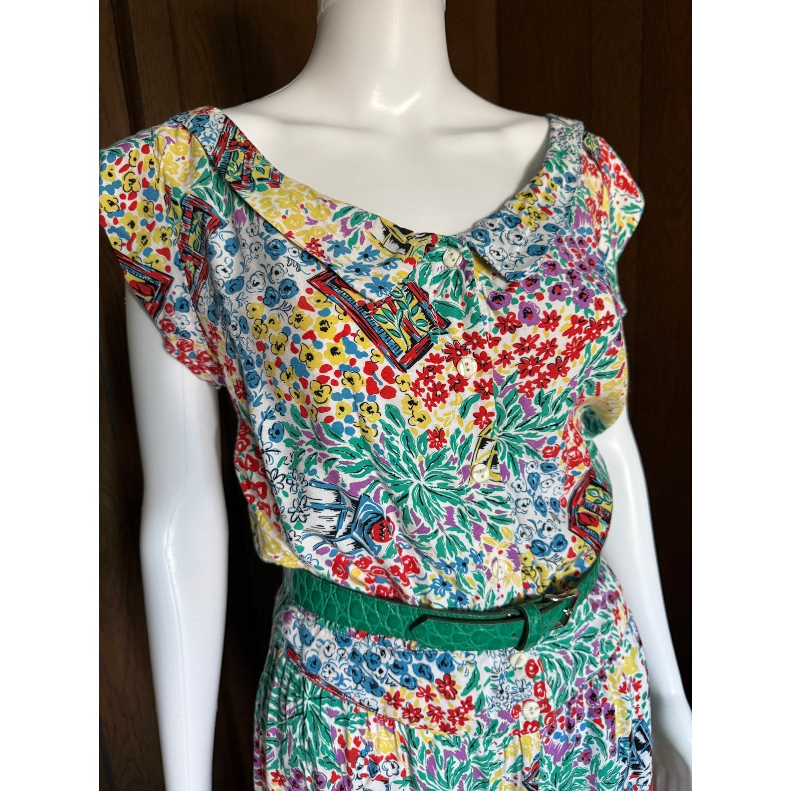 1980s Drop Waist Paris Blues Tropical Print Dress | XS 26W