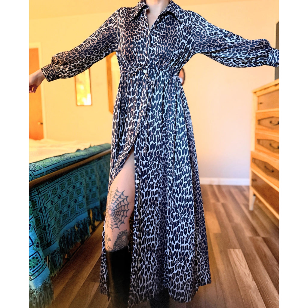 1970s Butterfield 8 Leopard Print Balloon Sleeve Maxi Shirt Dress