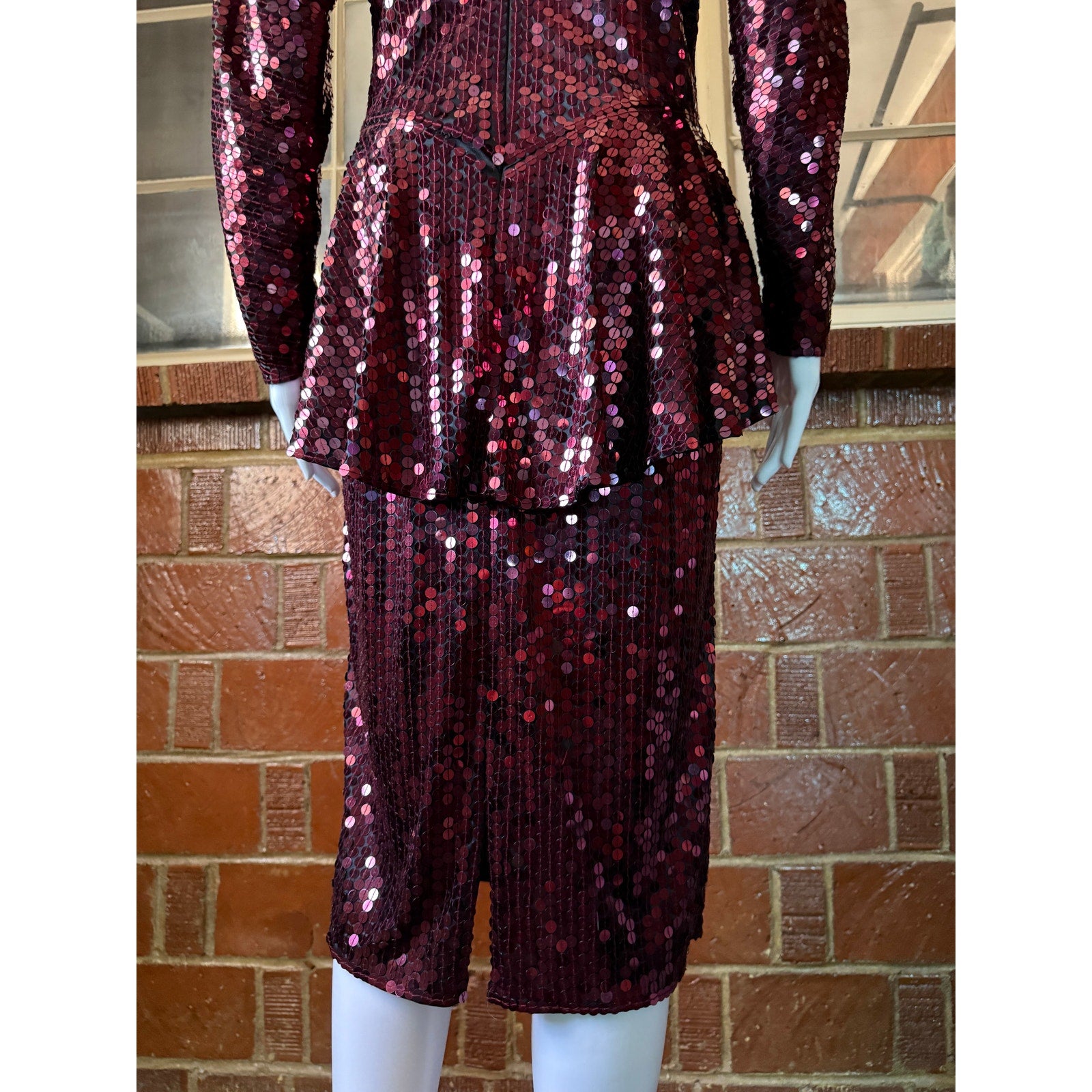 80s Oleg Cassini Maroon Sequin Drop Waist Peplum Party Dress | Size 6 - 8