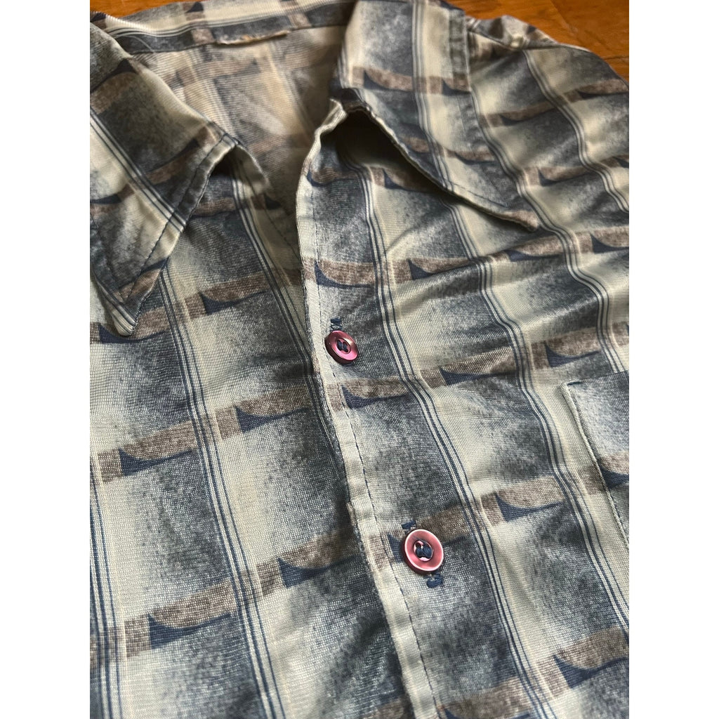 1970s Men's Short Sleeve Button Up Disco Shirt | Groovy Blue Pattern