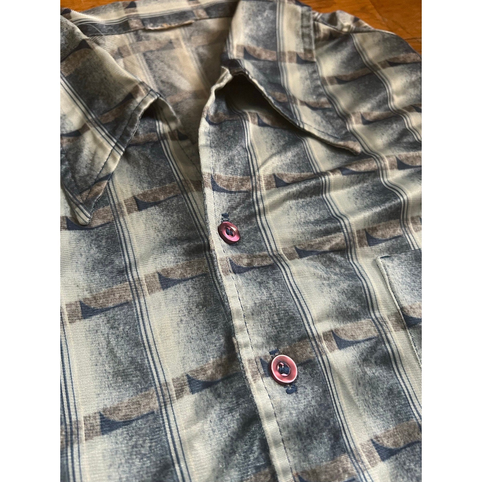 1970s Men's Short Sleeve Button Up Disco Shirt | Groovy Blue Pattern