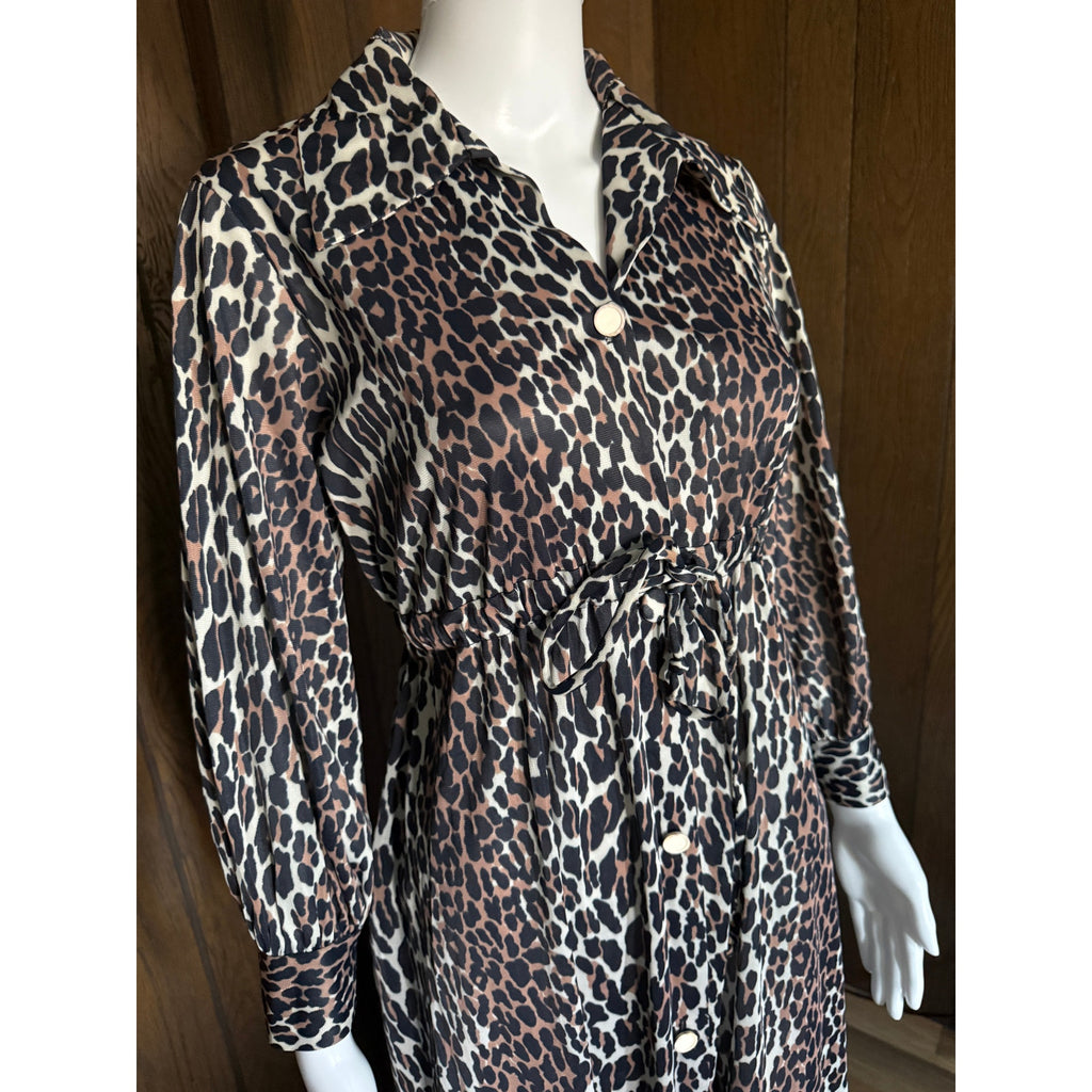 1970s Butterfield 8 Leopard Print Balloon Sleeve Maxi Shirt Dress
