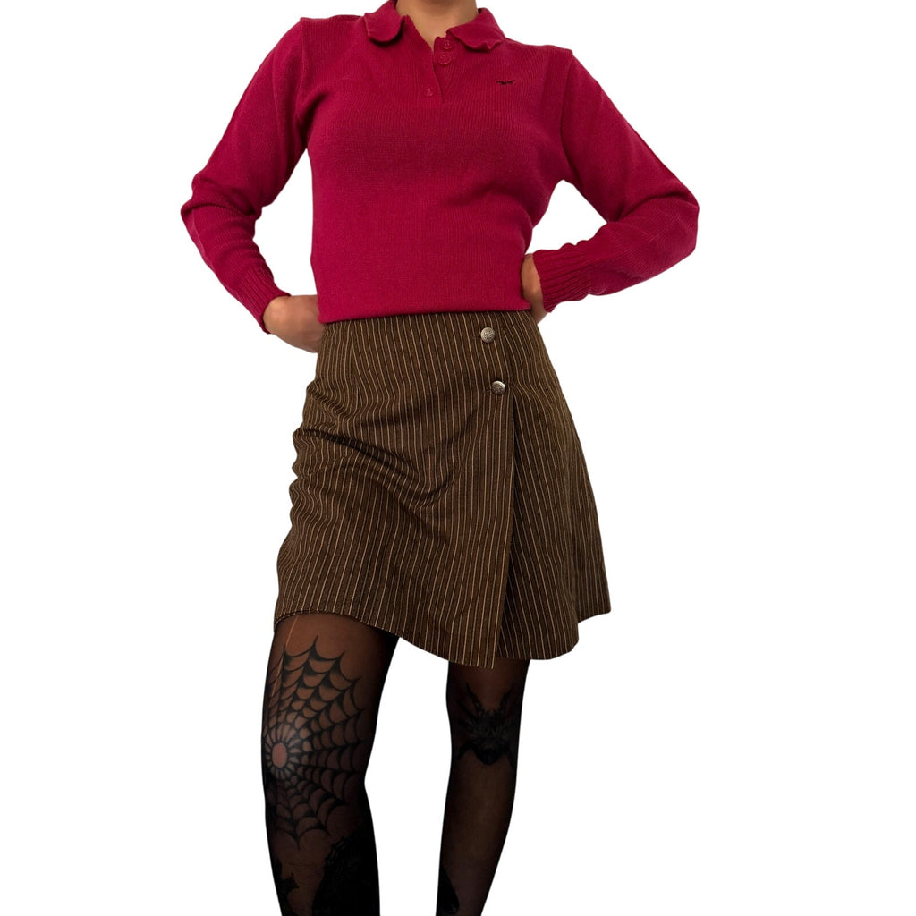 1980s Brown Pinstripe Wrap Skort | Ellen Ashley | Size Small Small