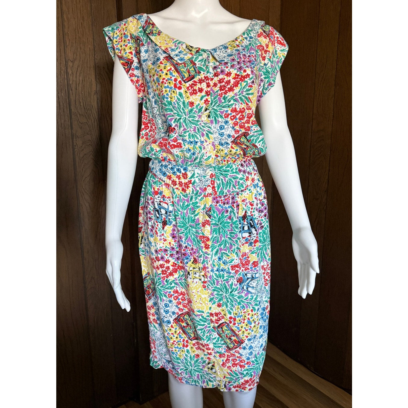 1980s Drop Waist Paris Blues Tropical Print Dress | XS 26W