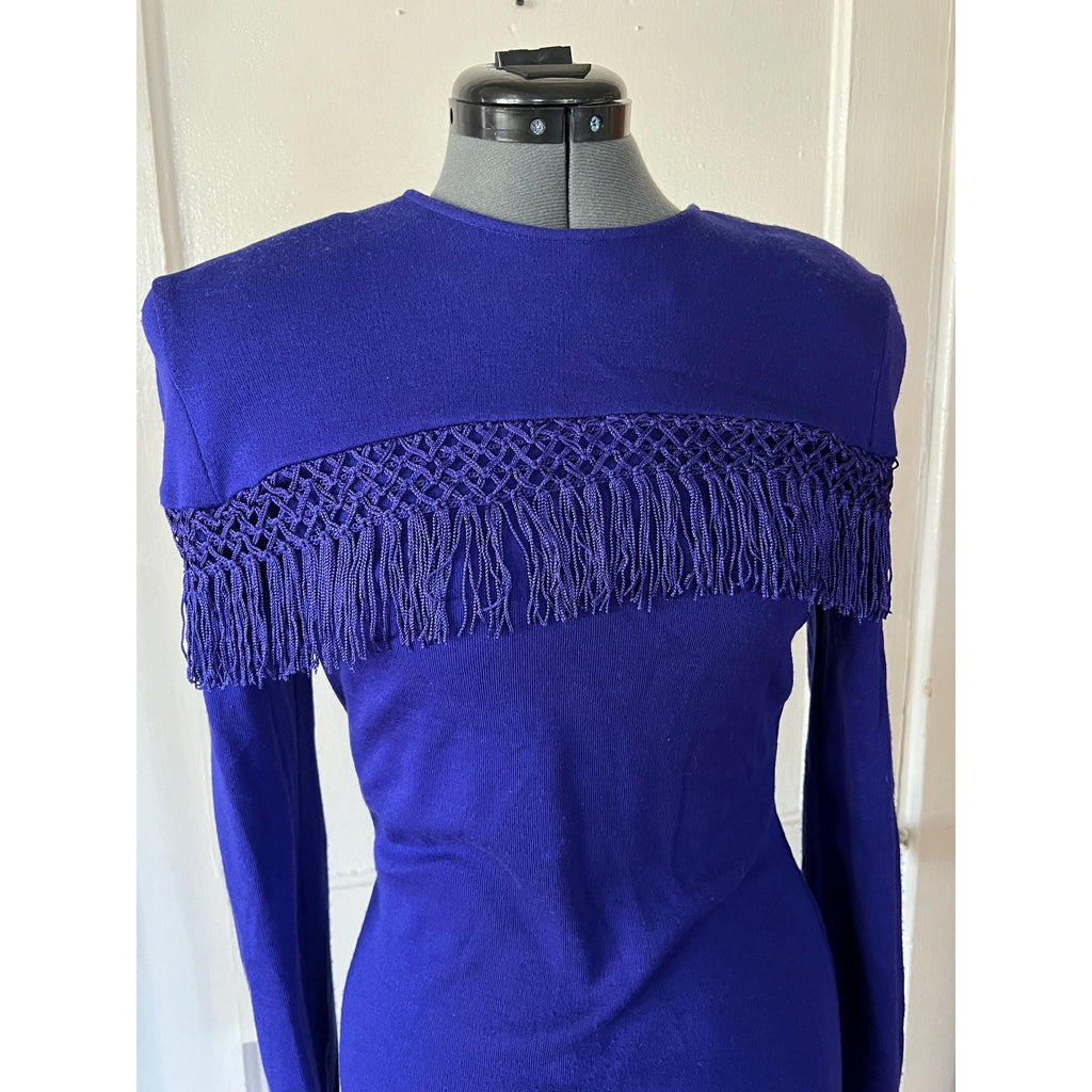 1980s Western Style Fringe Purple/Blue Sweater Dress - Size Small