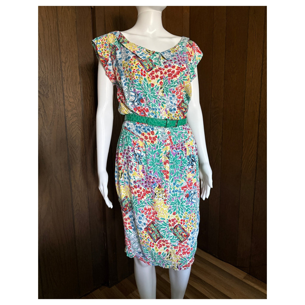 1980s Drop Waist Paris Blues Tropical Print Dress | XS 26W
