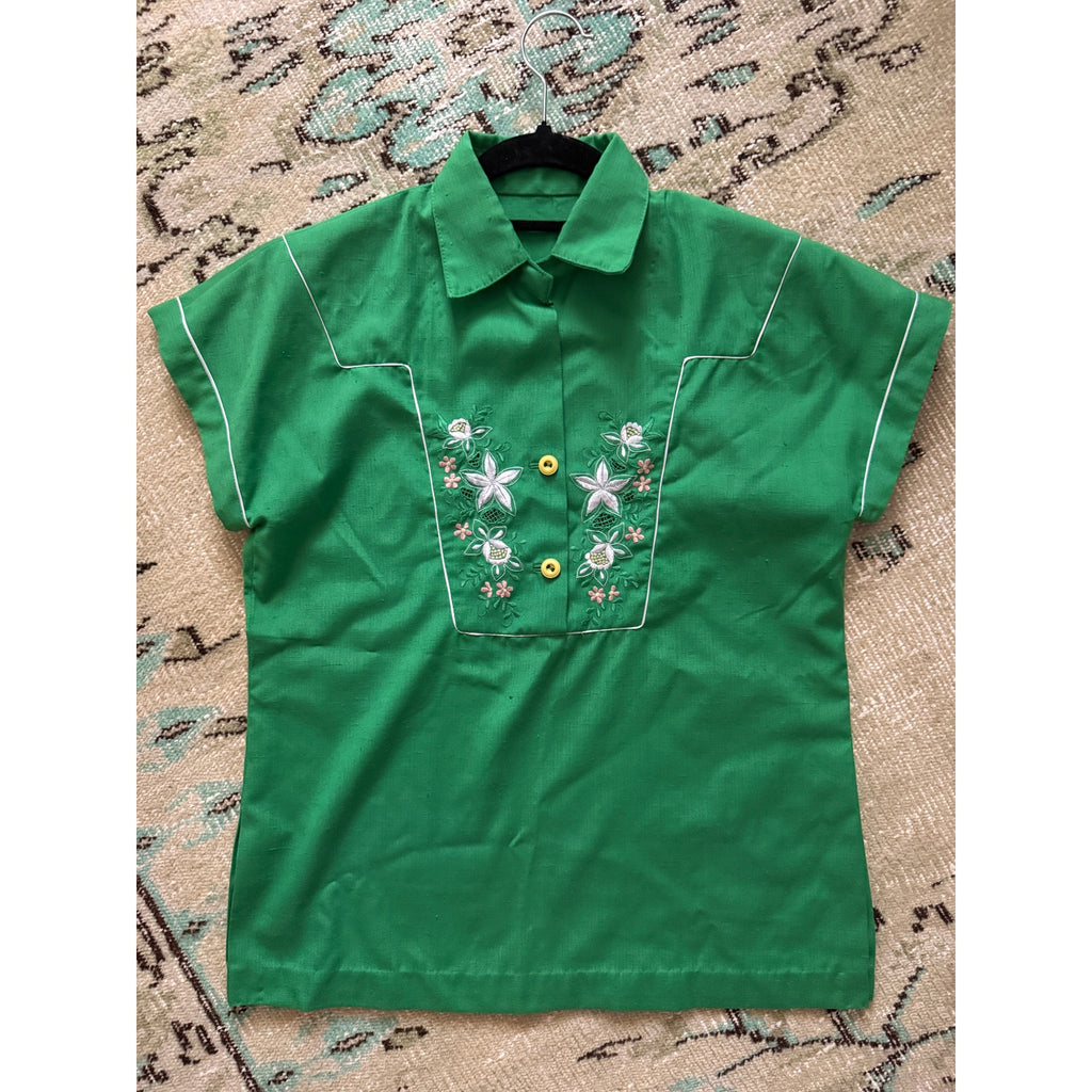 1970s Embroidered Short Sleeve Tunic Blouse | Size M