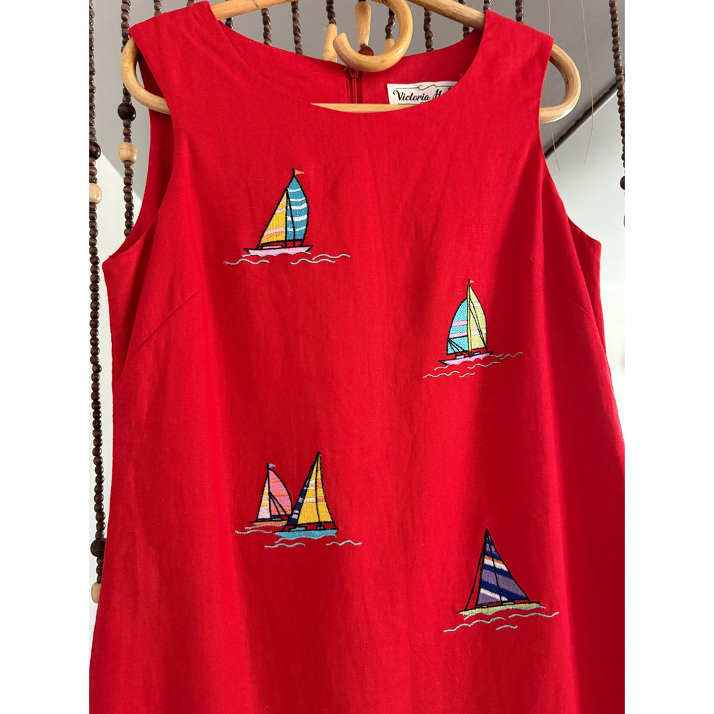 1990s/Y2k Victoria Holley Sailboat Linen Shift Dress | Size 8P - Medium