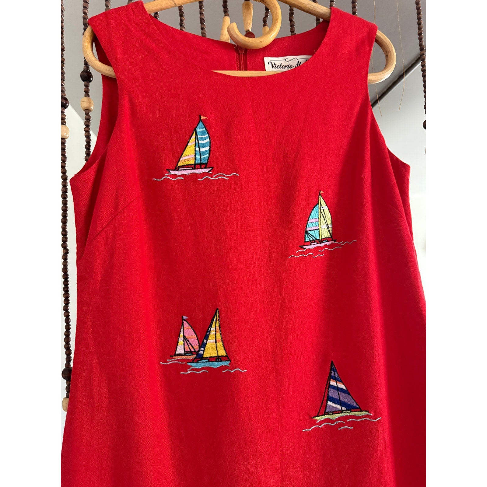 1990s/Y2k Victoria Holley Sailboat Linen Shift Dress | Size 8P - Medium