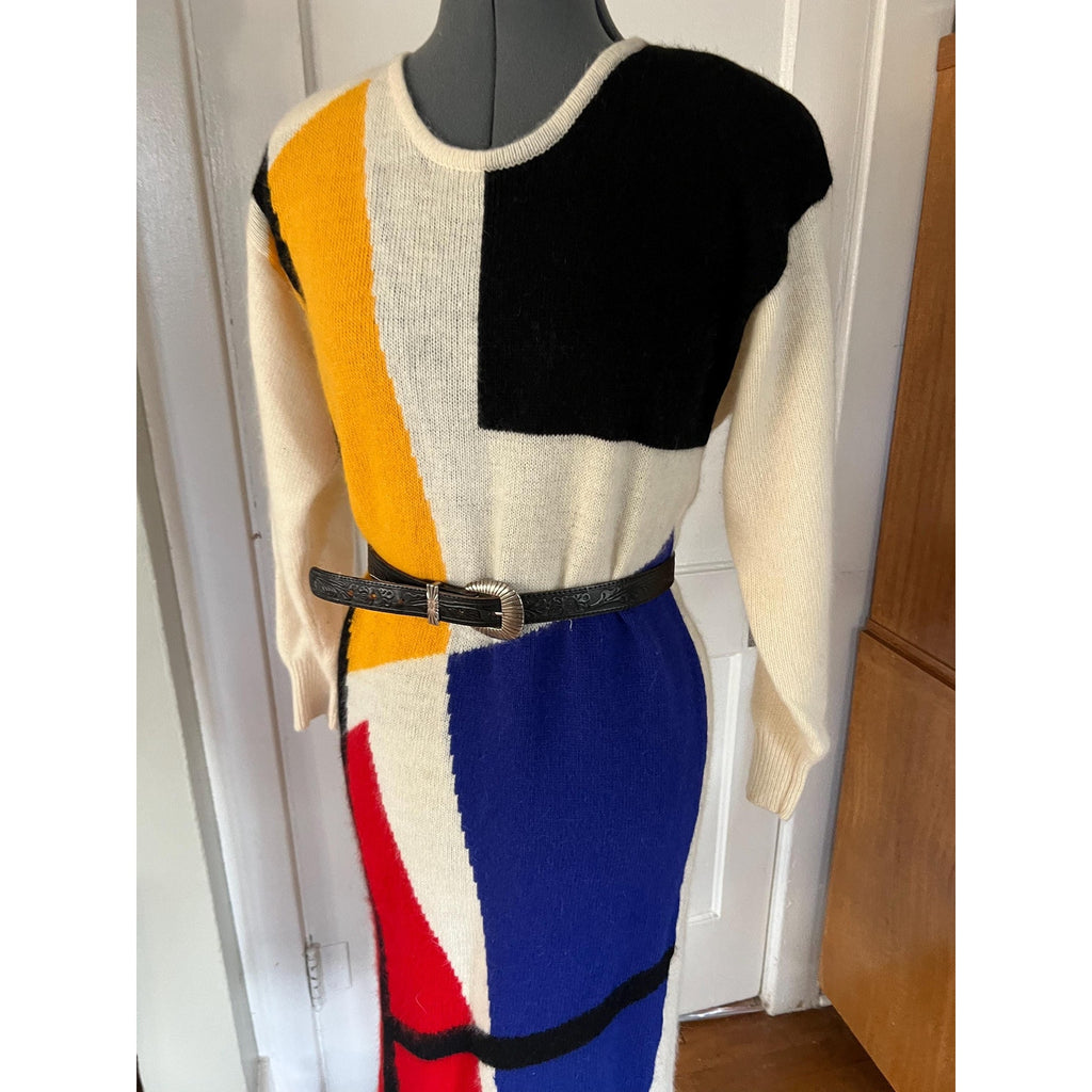 1980s IB Diffusion Color Block Wool Mohair Sweater Dress | Size Small / Medium