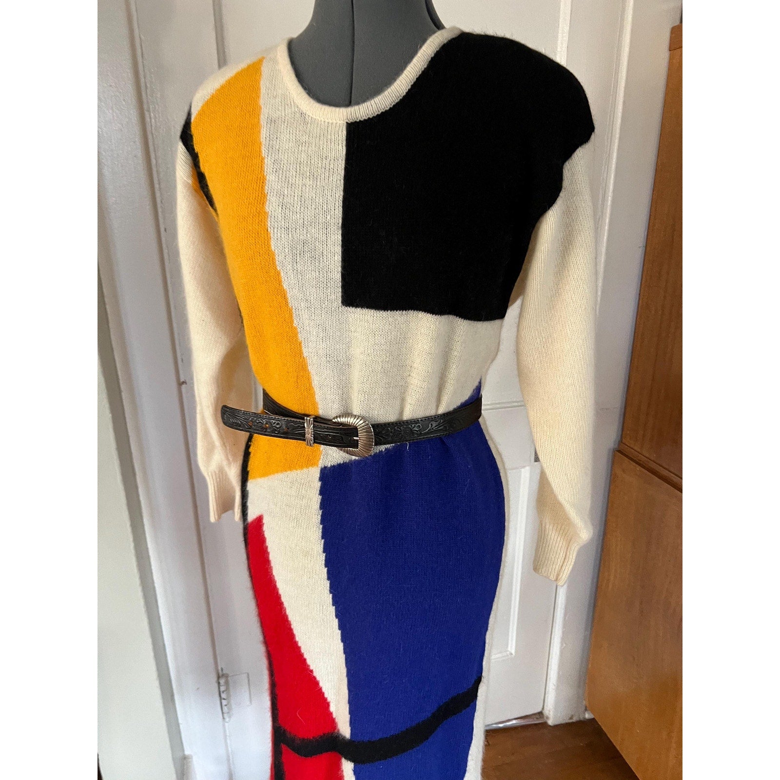 1980s IB Diffusion Color Block Wool Mohair Sweater Dress | Size Small / Medium