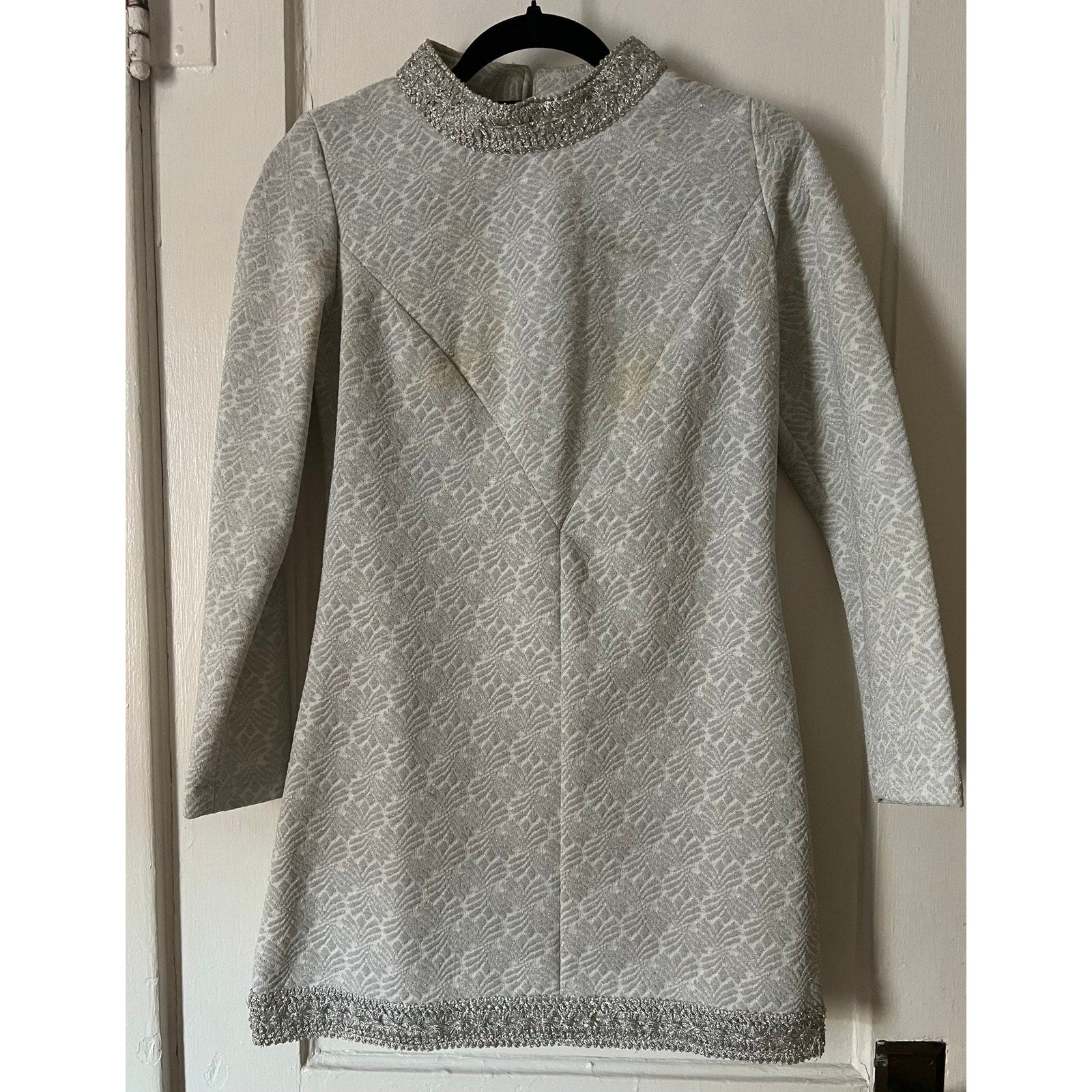 1960s Carol Brent Silver and White Mock Neck Mini Dress Trouser Set