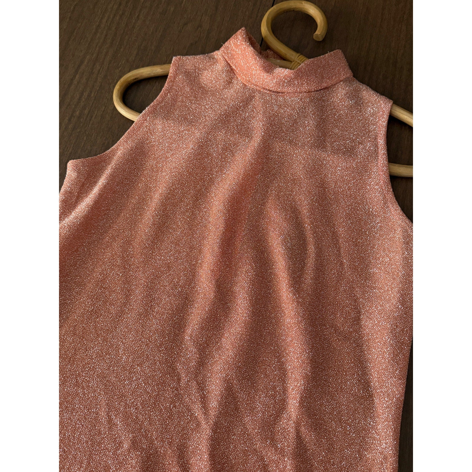 1960s Shimmery Peach Mock Neck Sleeveless Tank Top | Size S - M
