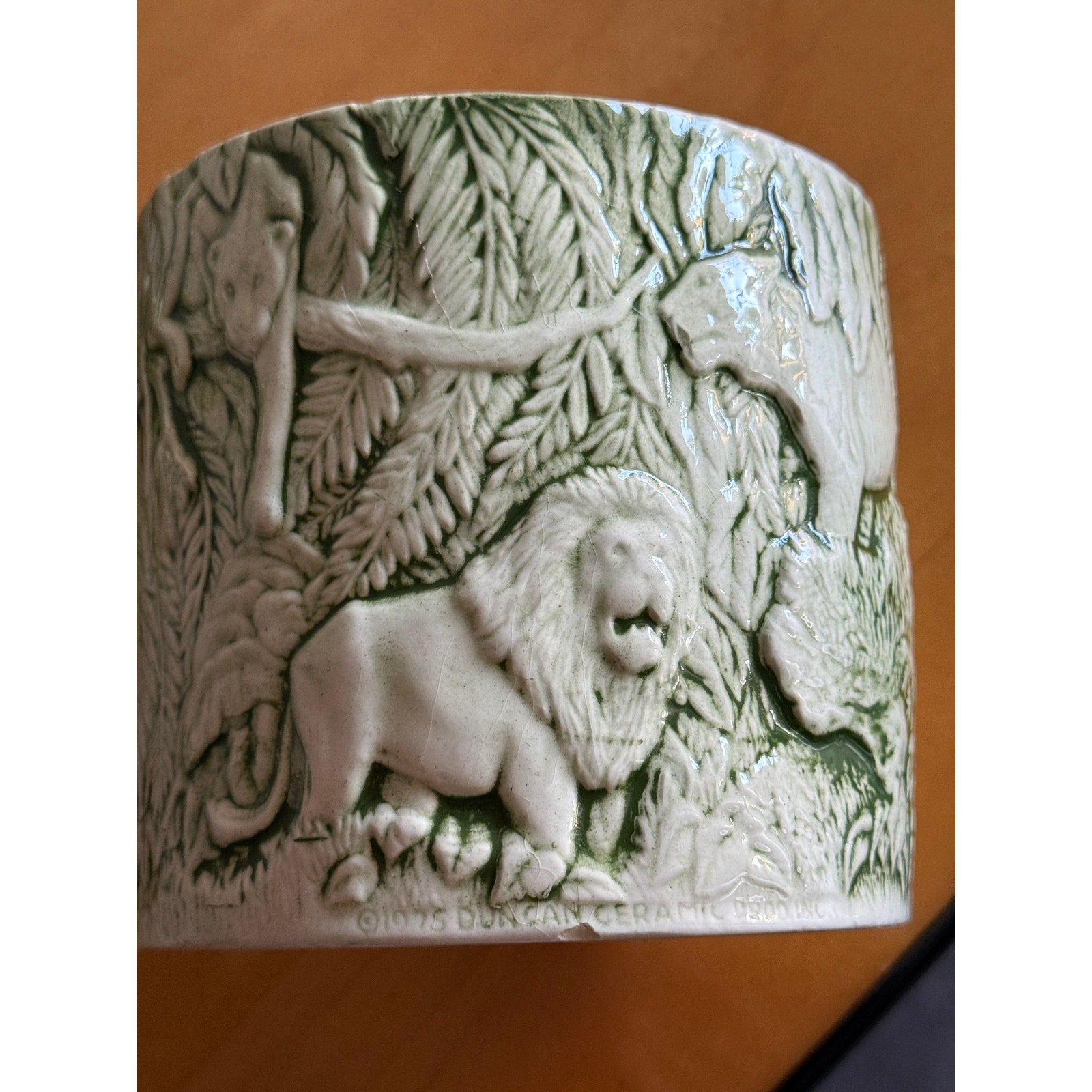 1975 Duncan Ceramic Green Embossed Jungle Animal Planter Pot