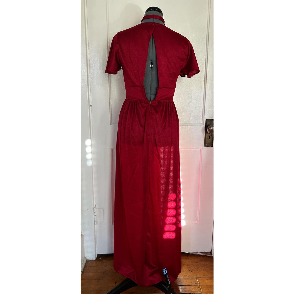 1970s Malibu Media Maroon Flutter Sleeve Maxi Dress | XS