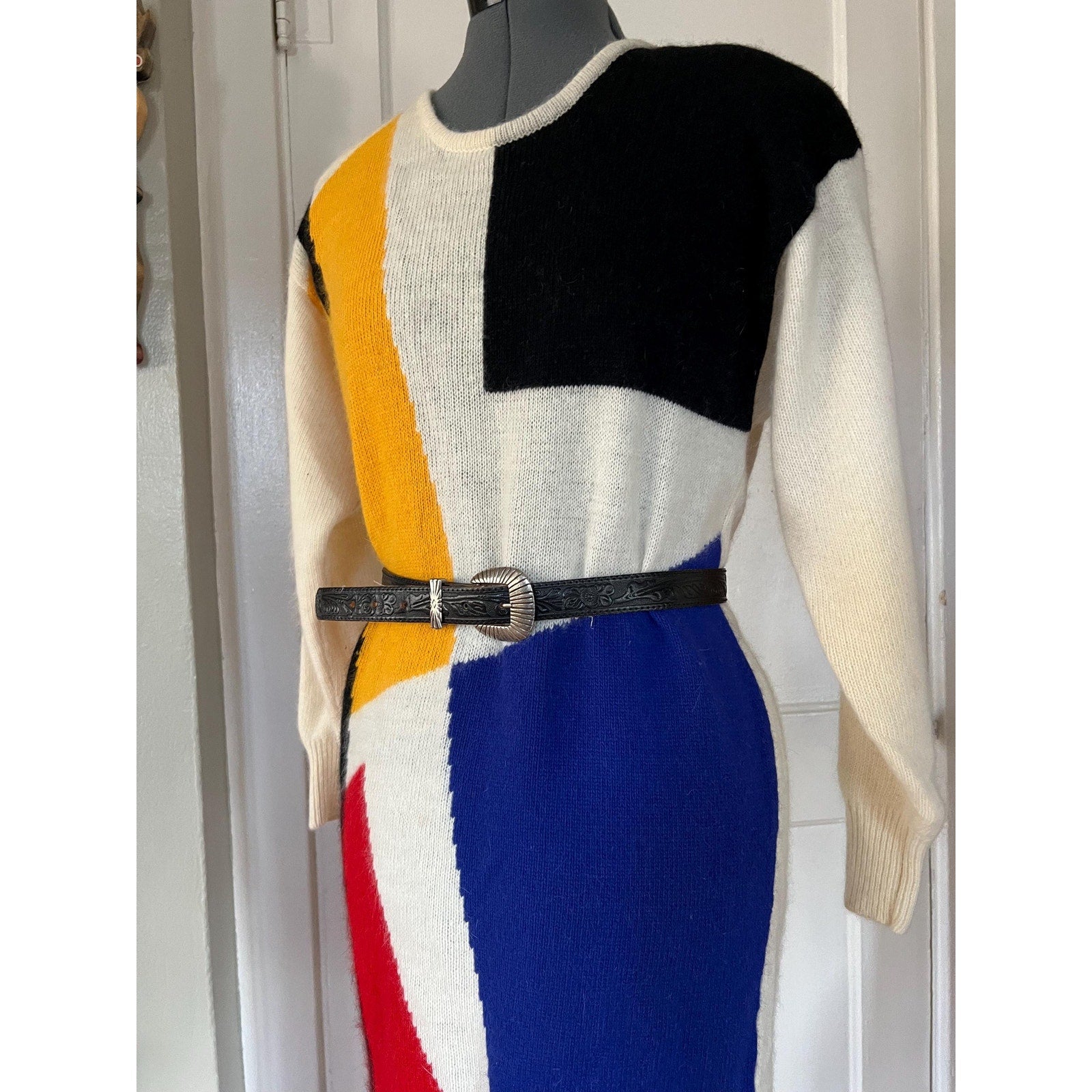 1980s IB Diffusion Color Block Wool Mohair Sweater Dress | Size Small / Medium