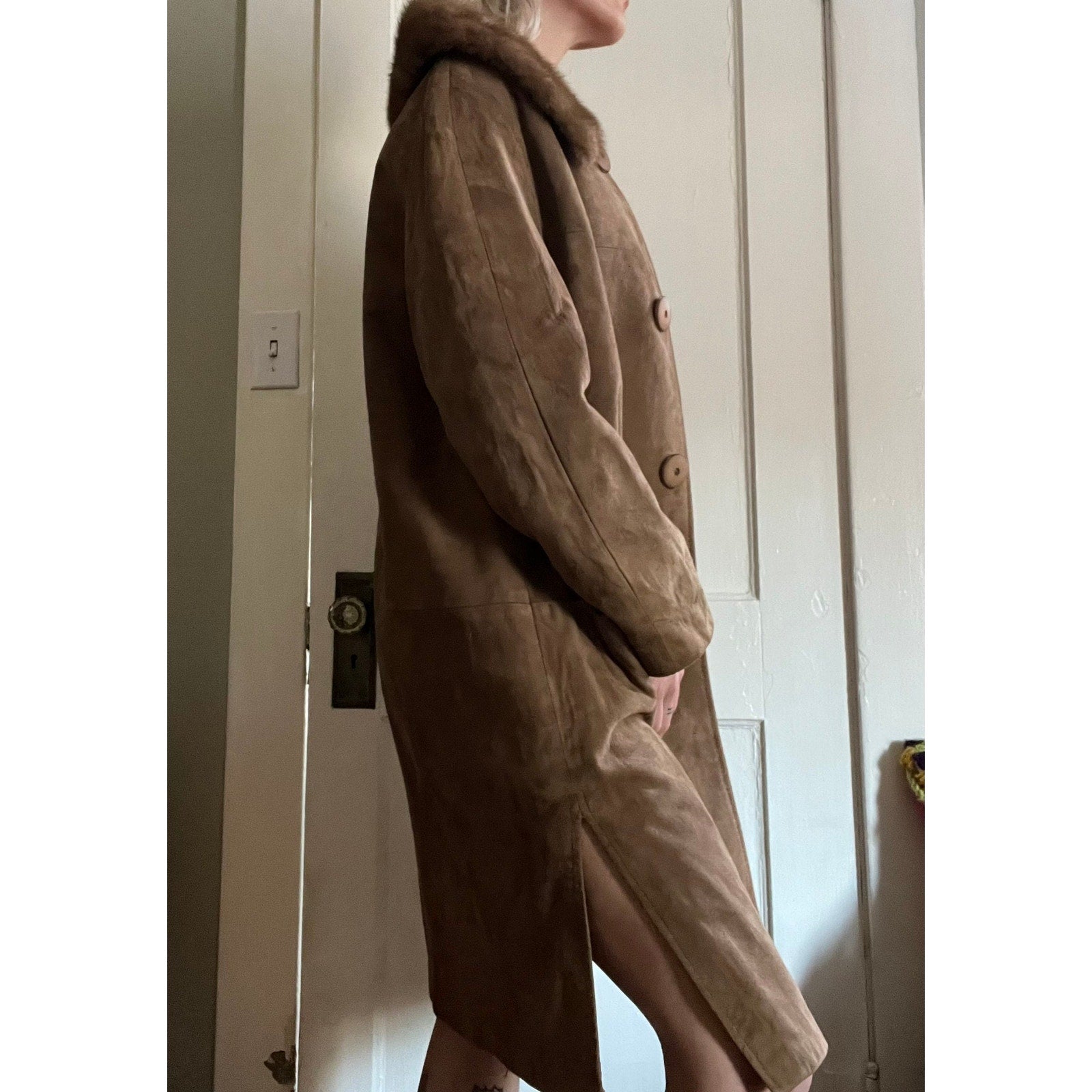 60s Long Suede Buttoned Coat with Mink Fur Collar