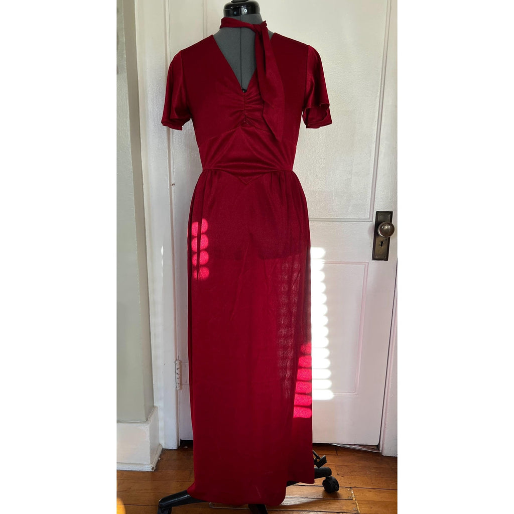 1970s Malibu Media Maroon Flutter Sleeve Maxi Dress | XS