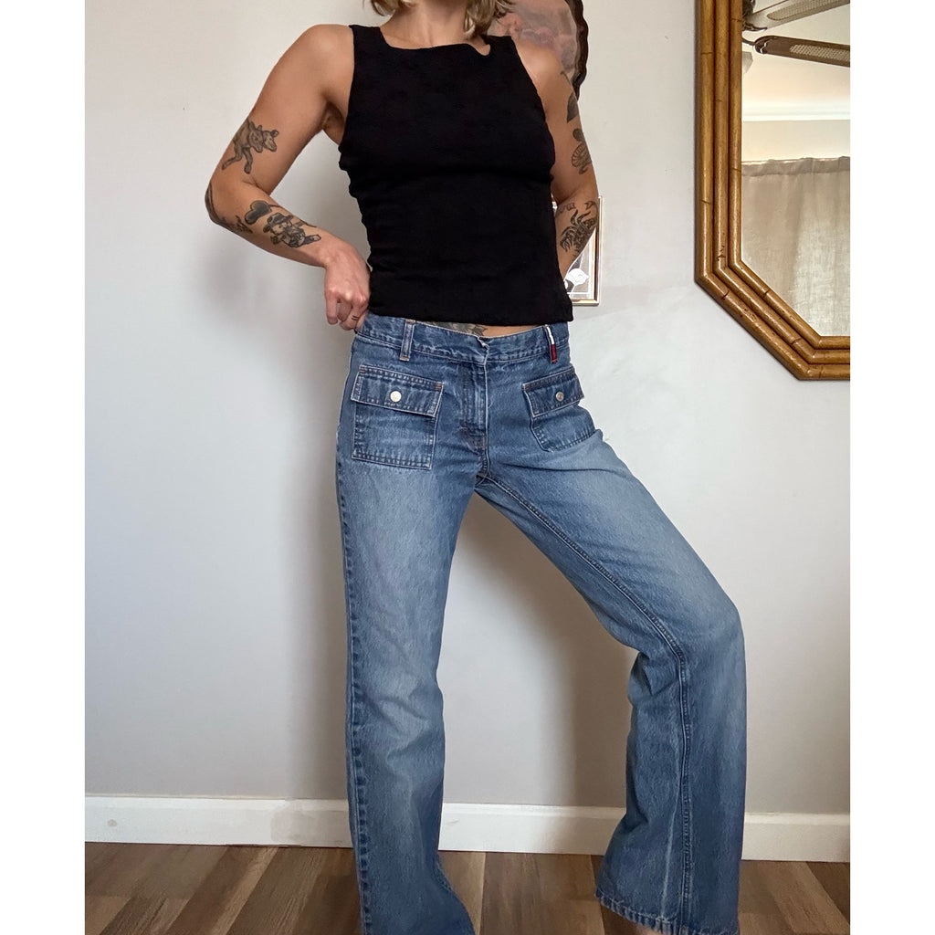 Y2K Tommy Hilfiger Faded Blue Jeans | Low Rise Bootcut Back-Pocketless | 32" Waist