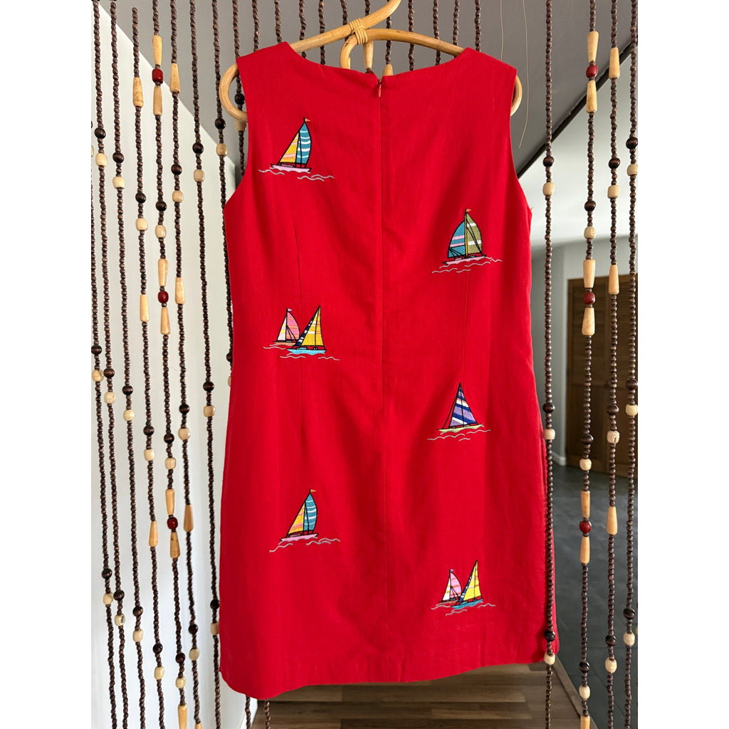 1990s/Y2k Victoria Holley Sailboat Linen Shift Dress | Size 8P - Medium