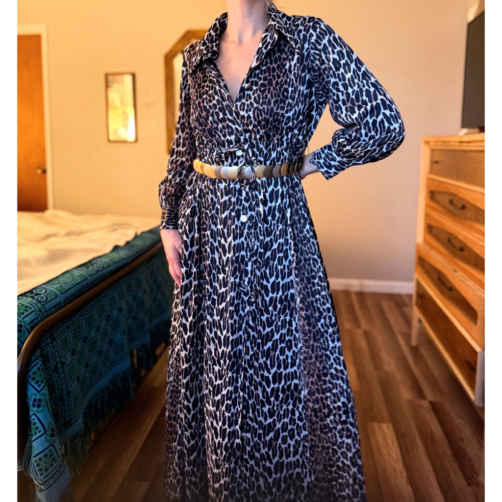 1970s Butterfield 8 Leopard Print Balloon Sleeve Maxi Shirt Dress