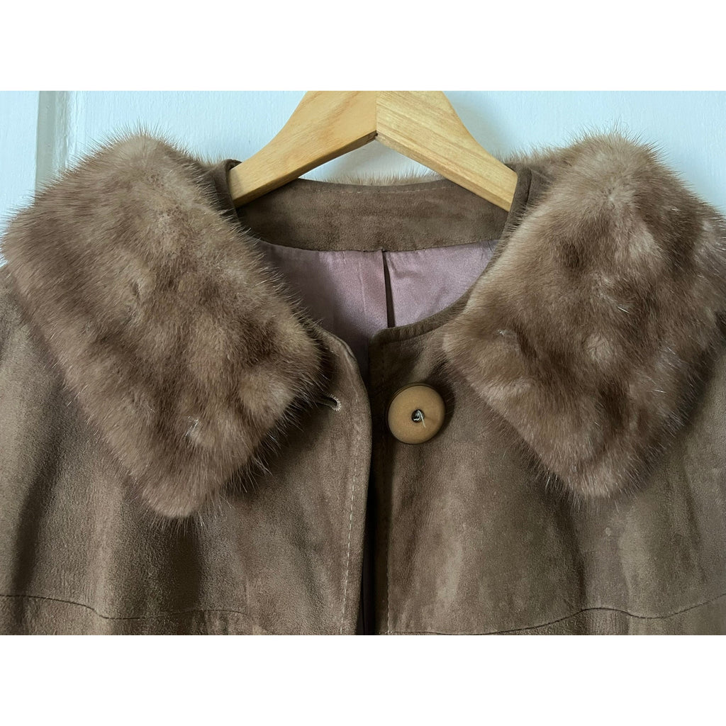 60s Long Suede Buttoned Coat with Mink Fur Collar