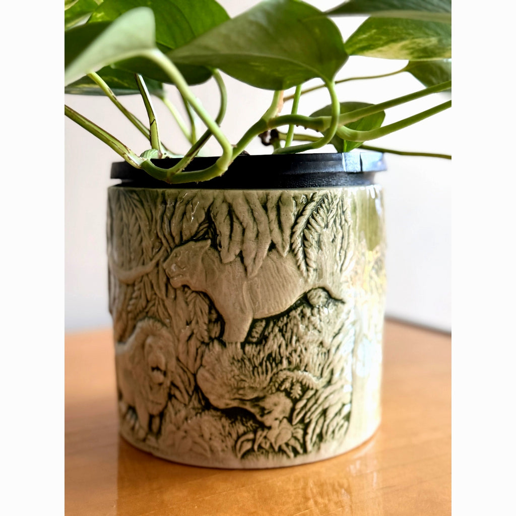 1975 Duncan Ceramic Green Embossed Jungle Animal Planter Pot