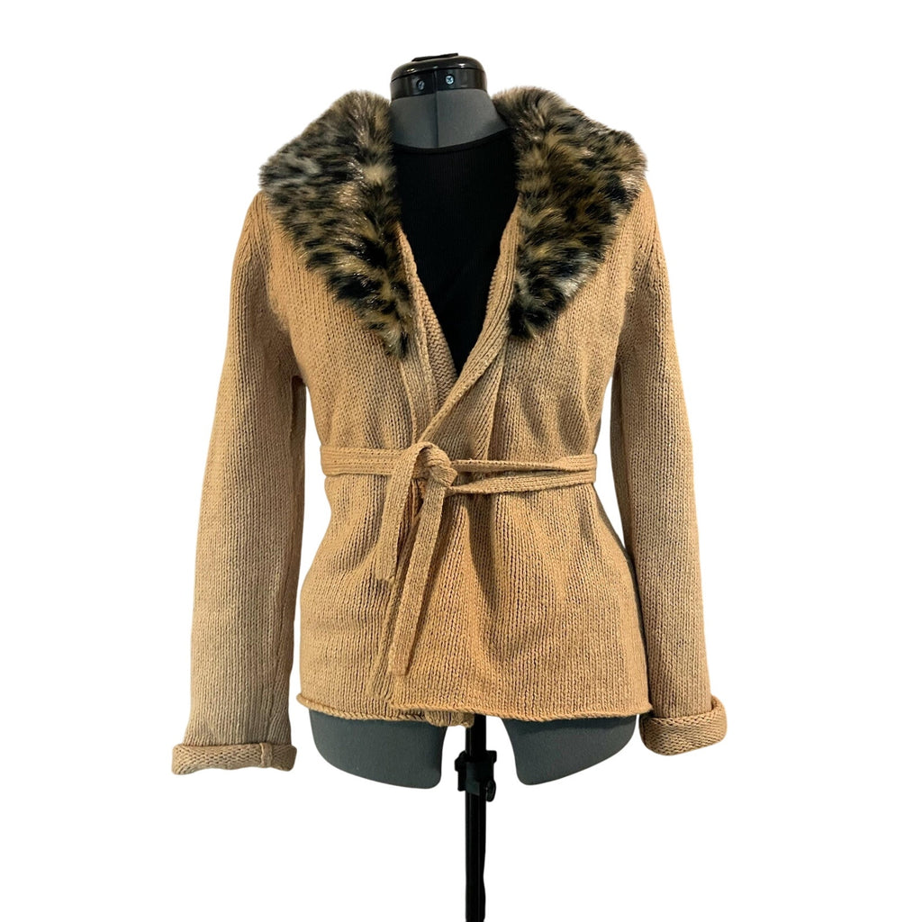 90s Vintage Leopard Print Faux Fur Collar Wrap Cardigan