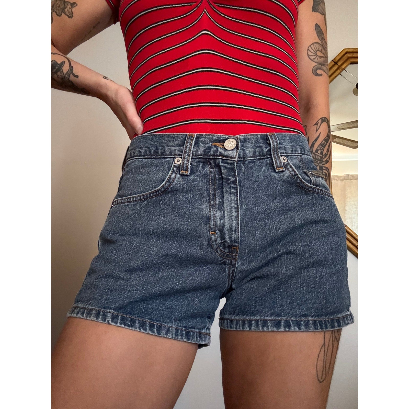 Vintage 90s Calvin Klein 5 Pocket Denim Shorts | Double Stone Wash | Size 3