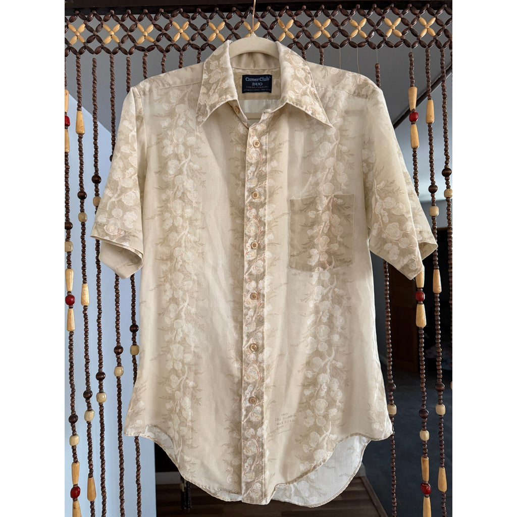 1970s Men's Beige Tropical Hawaiian Shirt | Career Club Duo | M/L