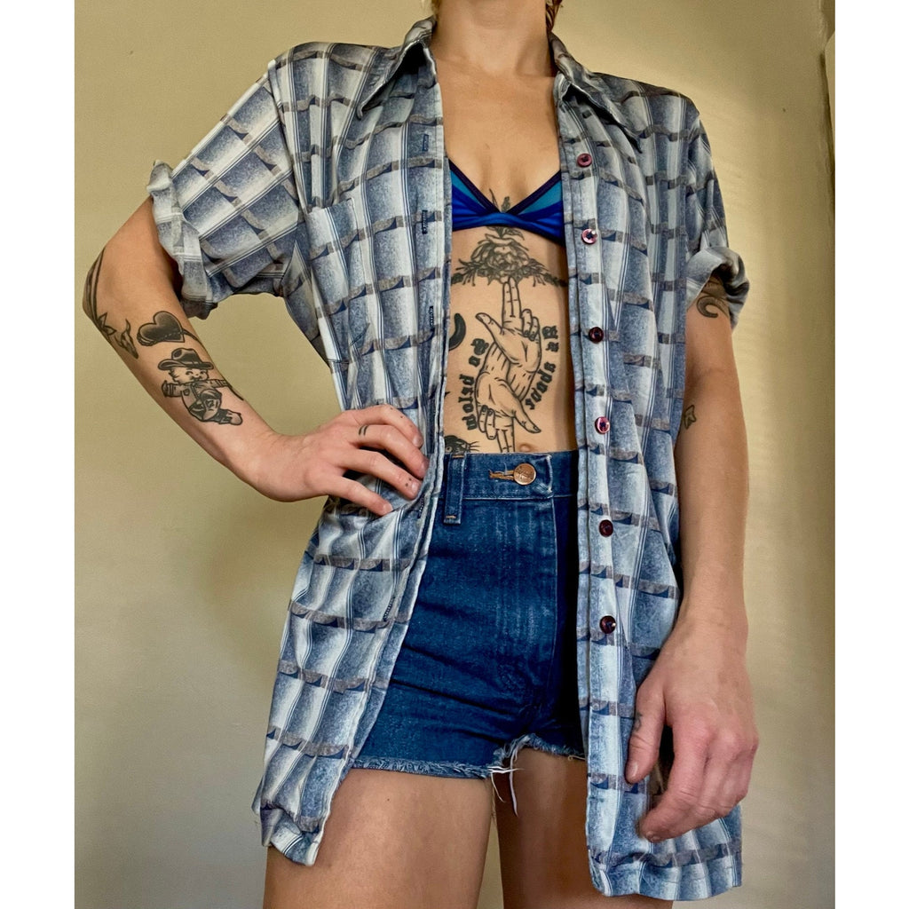 1970s Men's Short Sleeve Button Up Disco Shirt | Groovy Blue Pattern