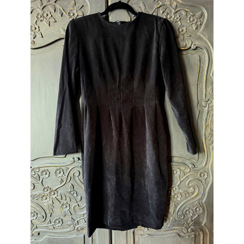 1980s Positive Attitude Velvet Long Sleeve Little Black Dress | 8 Petite