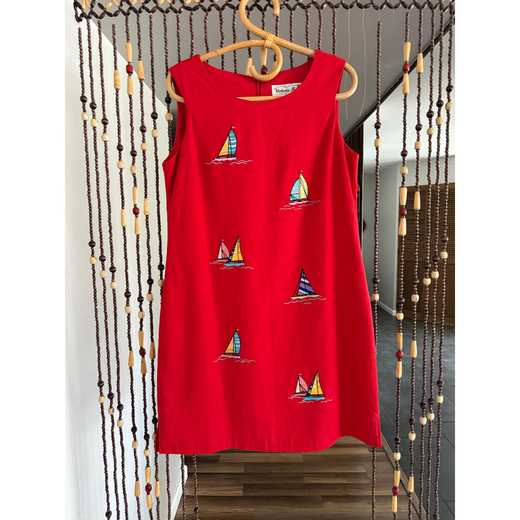 1990s/Y2k Victoria Holley Sailboat Linen Shift Dress | Size 8P - Medium