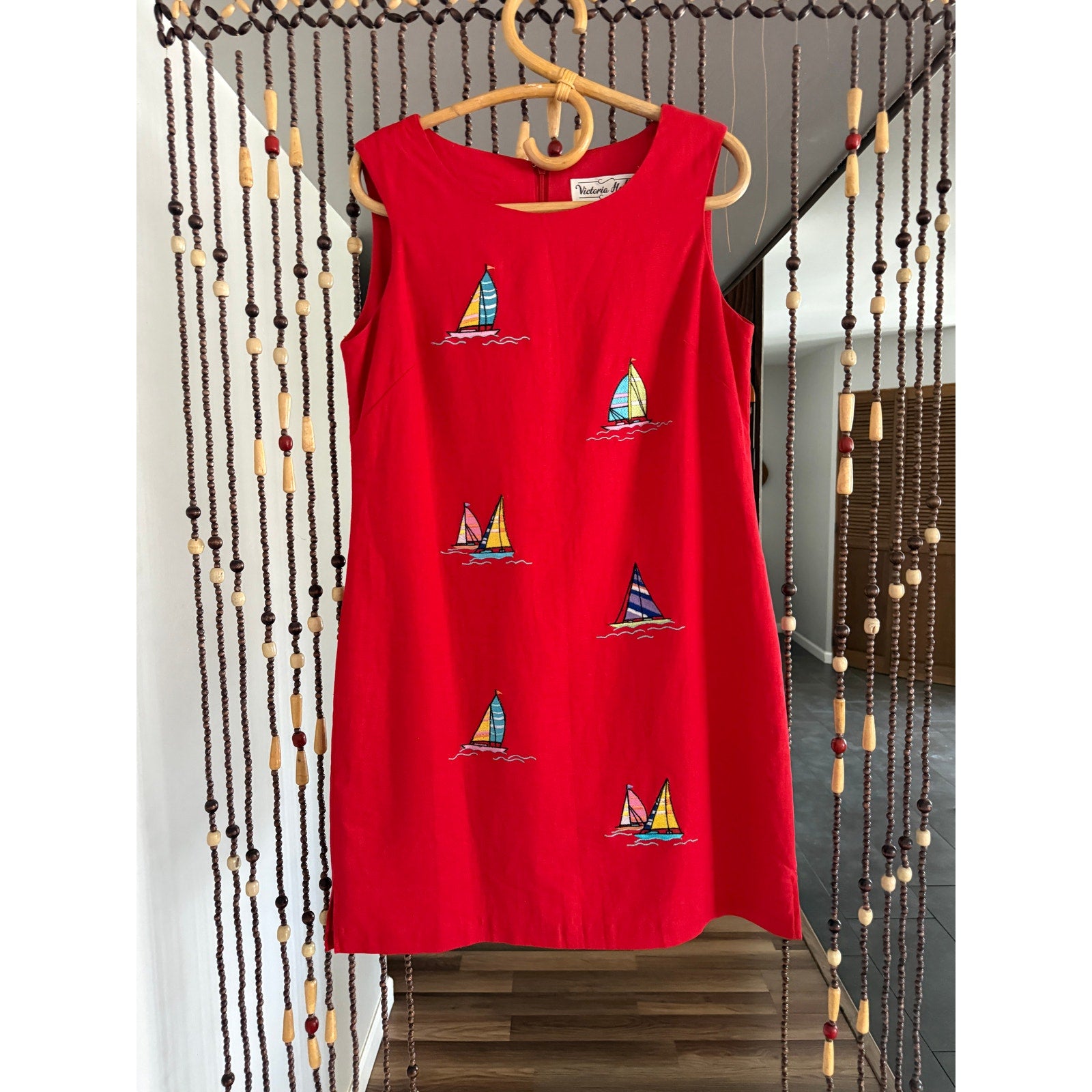 1990s/Y2k Victoria Holley Sailboat Linen Shift Dress | Size 8P - Medium