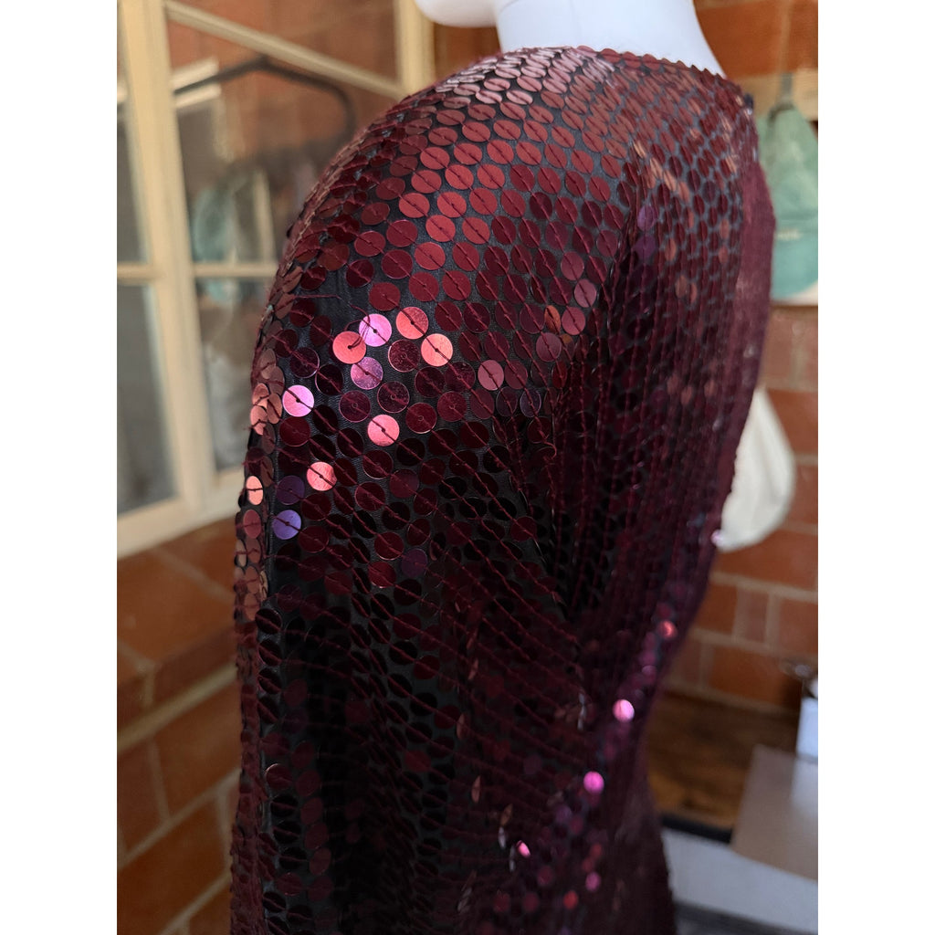 80s Oleg Cassini Maroon Sequin Drop Waist Peplum Party Dress | Size 6 - 8