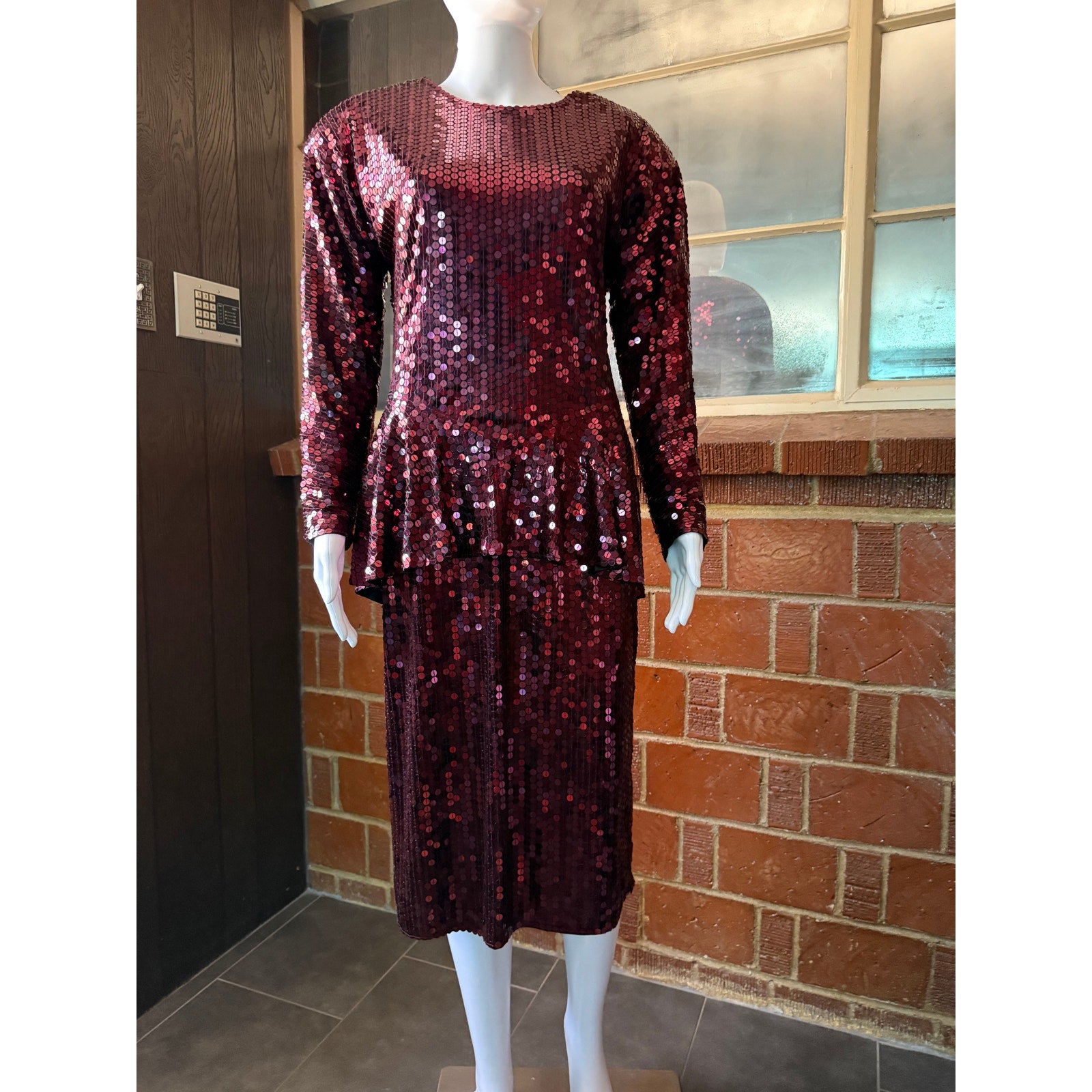 80s Oleg Cassini Maroon Sequin Drop Waist Peplum Party Dress | Size 6 - 8