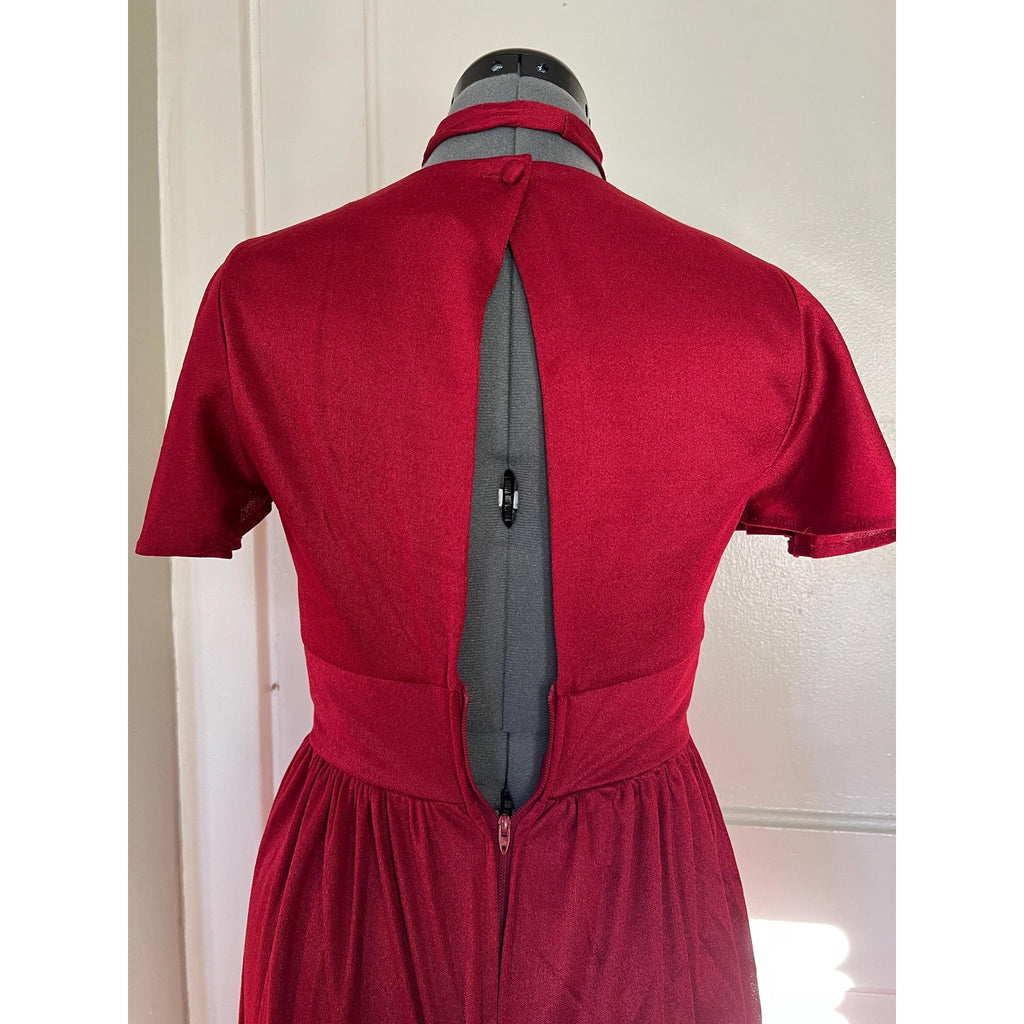 1970s Malibu Media Maroon Flutter Sleeve Maxi Dress | XS