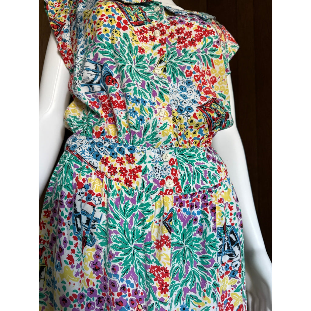 1980s Drop Waist Paris Blues Tropical Print Dress | XS 26W