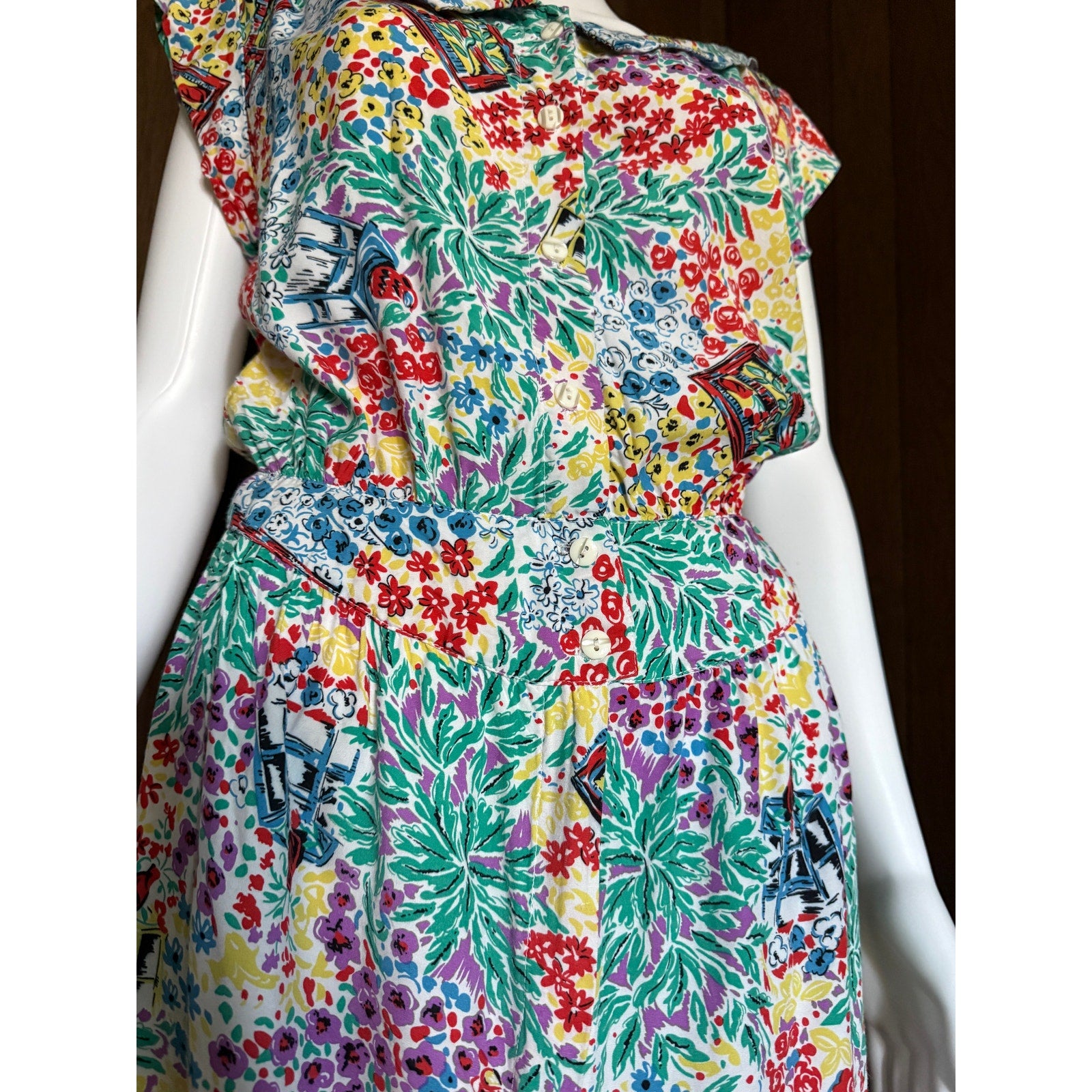 1980s Drop Waist Paris Blues Tropical Print Dress | XS 26W