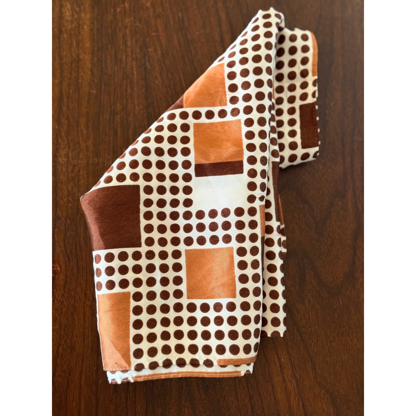 1970s Long Satin Scarf | Geometric Mod Pattern | White Brown Orange
