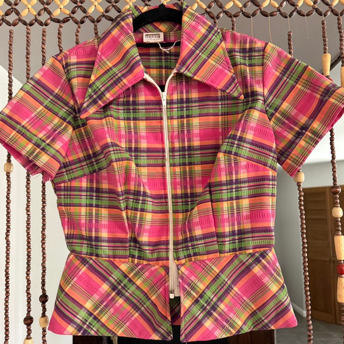 1970s Montgomery Ward Pink and Green Plaid Zip Up Peplum Shirt - Size S