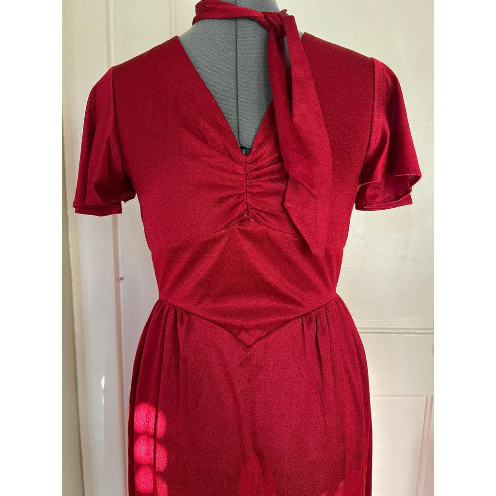 1970s Malibu Media Maroon Flutter Sleeve Maxi Dress | XS